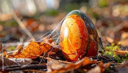Vibrant Mushroom with Spiderweb in Autumn Forest.