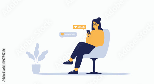 Woman Sitting on Chair Using Smartphone, Receiving Likes and Comments