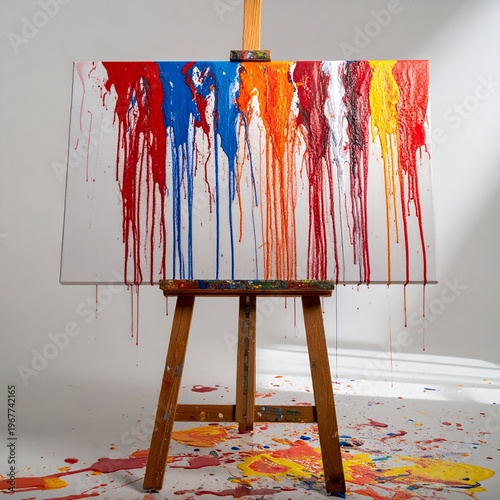 Vibrant Paint Dripping Down a White Canvas on an Easel.