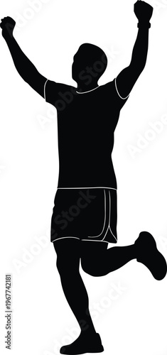 Silhouette, man, runner, celebrating, victory, winning, marathon, success, achievement, joy, athlete, fitness, exercise, training, lifestyle, active, health, isolated, white, background.