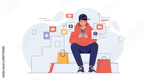 Young man using smartphone surrounded by shopping bags and notifications icons