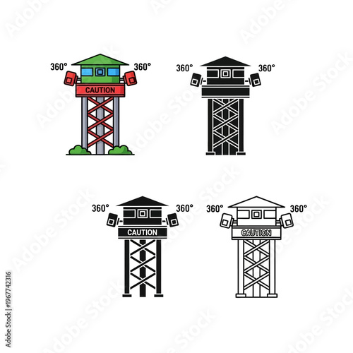 Four different colored watchtowers with caution signs and 360degree cameras on top for surveillance and security purposes  various designs