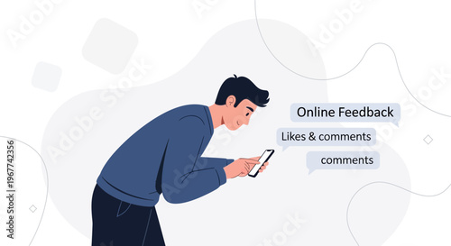 Man using smartphone for online feedback, likes and comments on social media