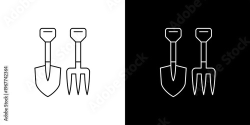 Clean outline vector graphic showcasing essential gardening hand tools, including a durable shovel and a functional soil fork, great for planting and yard work projects