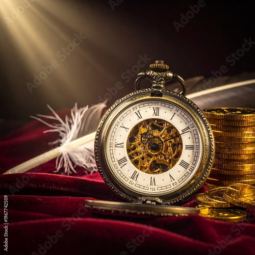 Vintage Pocket Watch with Quill Pen and Gold Coins on Red Velvet, Illuminated by a Ray of Light.
