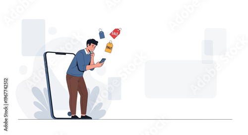 Man Shopping Online via Smartphone Emerging from Large Mobile Phone Screen