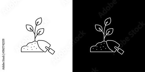Clean line icon of a fresh plant seedling emerging from soil with a small garden trowel, symbolizing ecological growth, sustainability, and nurturing nature