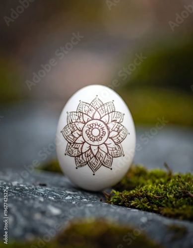 White Easter Egg with Intricate Mandala Design on Mossy Stone Surface.
