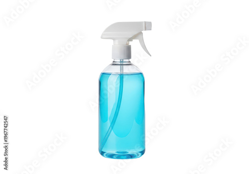 Spray bottle with blue liquid cleaner, isolated on transparent background