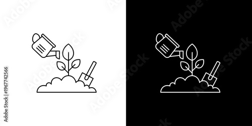 Watering Plant and Shovel Line Art Icon for Sustainable Growth and Nurturing in Garden or Agriculture Concepts