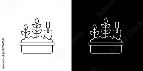 Single icon of gardening symbols trowel and sprouts in soil, representing growth and cultivation