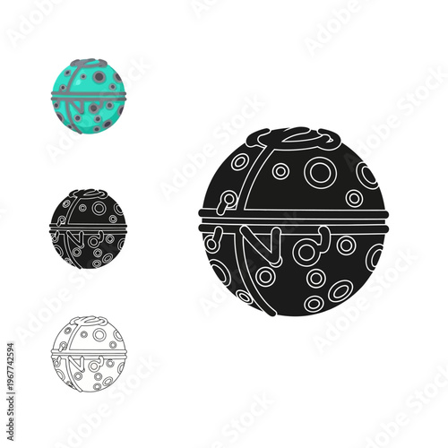 Four identical spherical objects with various designs and colors on white background