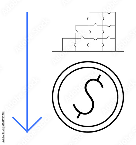 Economic downturn concept a downward arrow, puzzle pieces, and a dollar coin symbol. The economic theme is evident, highlighting financial challenges and potential solutions. Useful for finance