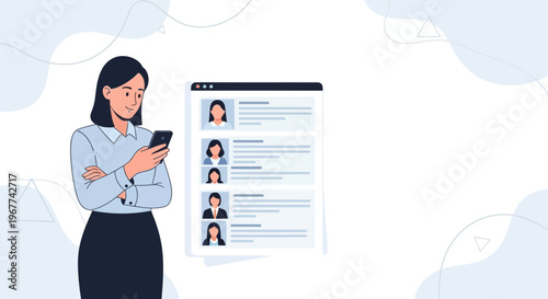 Woman Using Smartphone to Review Candidate Profiles on Digital Screen