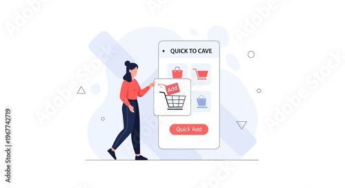 Woman Shopping Online, Quick Add to Cart Feature on Mobile App