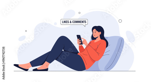 Woman relaxing on sofa using smartphone, social media likes and comments notification
