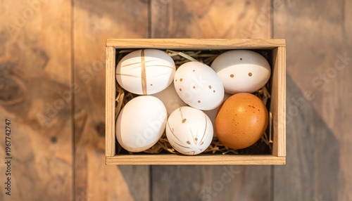 Wooden Box Filled with Assorted Easter Eggs on a Rustic Table.