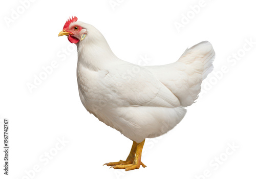 White chicken standing in profile, isolated on transparent background