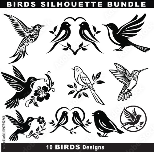 A charming collection of bird silhouette designs featuring elegant flying birds, perched birds, and decorative nature-inspired compositions. This bundle includes hummingbirds, songbirds, and romantic 
