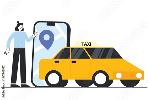 Woman using a smartphone to book a yellow taxi with a large location pin on the map screen for urban transport.