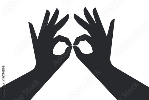 Hands forming binocular shape with fingers for vision and searching concept silhouette on clear background.