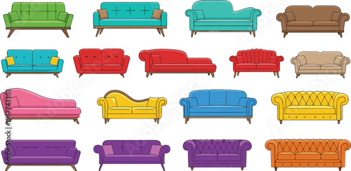 Colorful Sofa and Couch Collection with Different Styles and Shapes, Modern Living Room Furniture Set Vector Illustration