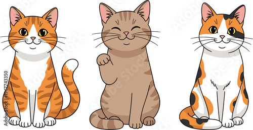 Cute Cartoon Cats in Various Poses with Orange, Brown, and Calico Fur Patterns for Pet and Animal Illustrations