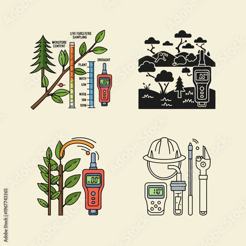 Infographic elements with trees and devices for measuring moisture content and temperature in environment and industry  monitoring tools