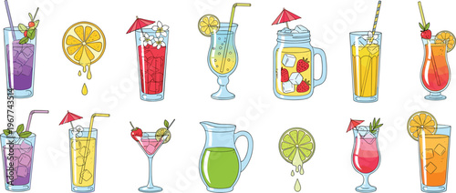 Colorful Summer Cocktail and Juice Collection with Fresh Fruits Glasses and Tropical Drinks Set Isolated on White Background