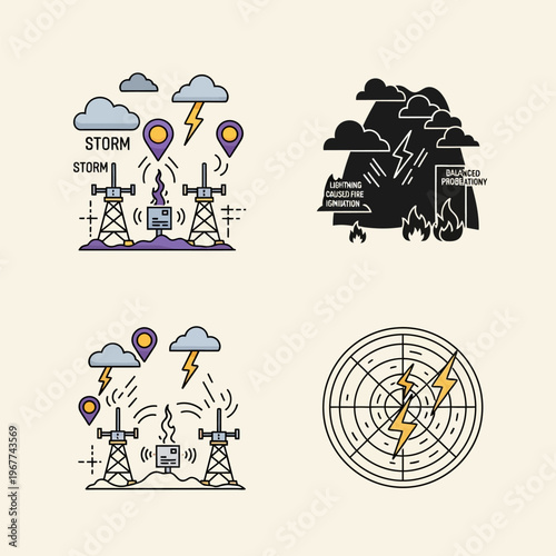 Oil rigs with lightning storm clouds and fire  balanced probationary  lightning caused fire ignition