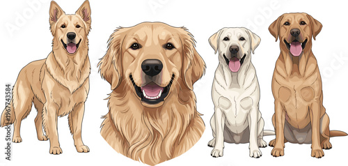 Golden Retriever and Labrador Dog Vector Set with Different Poses, Friendly Full-Body and Close-Up Portrait Illustrations Isolated on White Background