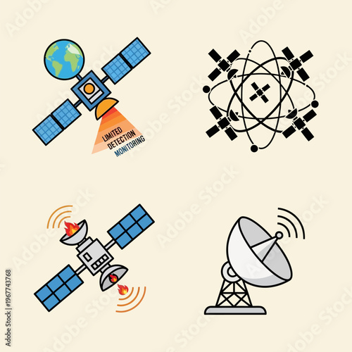 Satellite technology and space exploration concept with satellites and antennae for communication and detection monitoring in space