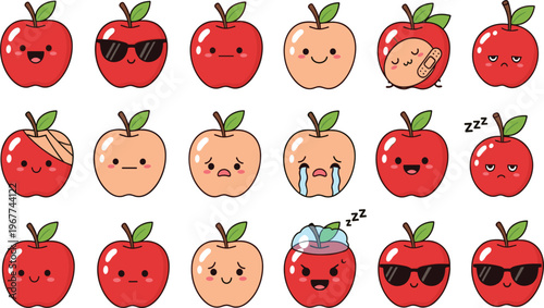 Cute apple emoji faces collection kawaii fruit cartoon vector set with funny expressions and moods isolated on white background for stickers and kids design
