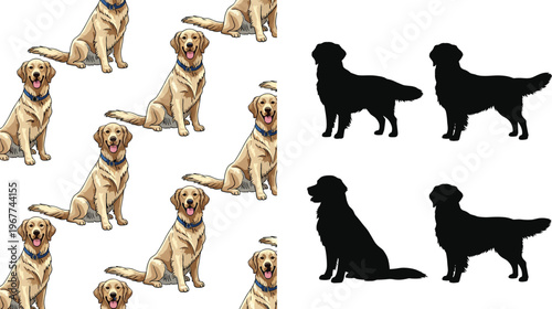 Golden Retriever Dog Pattern and Silhouette Vector Set, Cute Labrador Dogs in Various Poses, Fun Animal Illustration Isolated on White Background