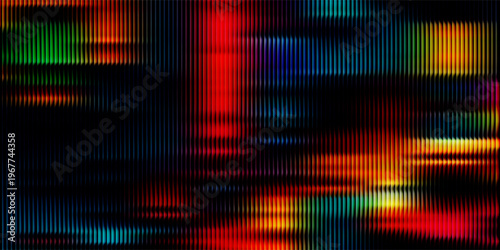 Futuristic ribbed texture with fractal glass effect and smooth fluted vertical lines of rainbow neon gradient. Bold and dynamic design blending bright colors and geometry visuals. Vector illustration