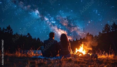 Couple enjoying a romantic night under the Milky Way with a campfire.