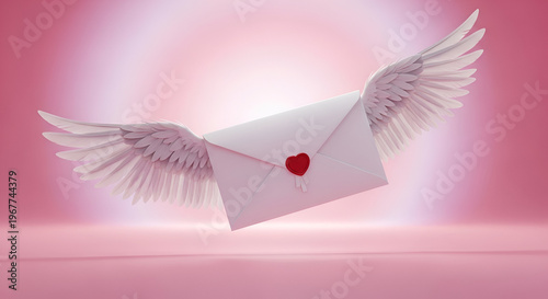 Flying white envelope with wings and red heart on pink background symbolizing love and romance in a dreamy atmosphere