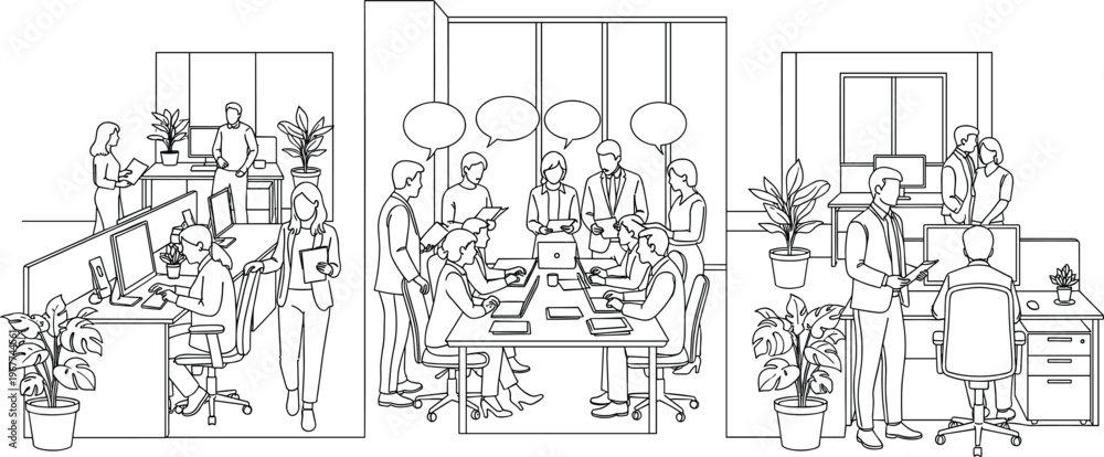 Obraz premium Modern Office Workspace Scene with Professional People Working at Desks and Meeting in a Corporate Business Environment Vector