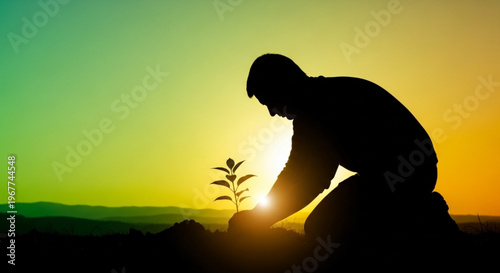 Earth Day People Silhouette Collection – Sustainability, Environment & Eco Lifestyle Gradient Background Vector