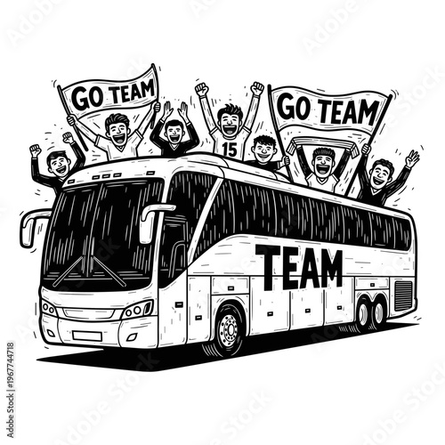 Vector Pinocut A cheering sports team on a bus heading towards game.