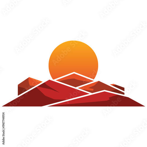 Vector illustration of a summer mountain landscape design featuring a sun silhouette over a snowy peak and desert sand pyramid