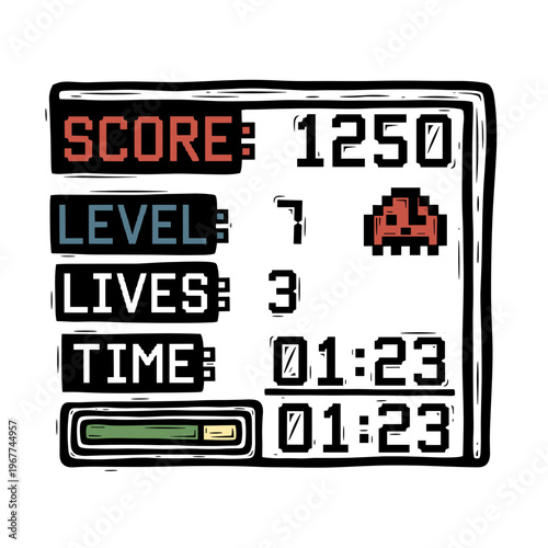 Vector Pinocut Game interface display with scores, level, lives, and time.