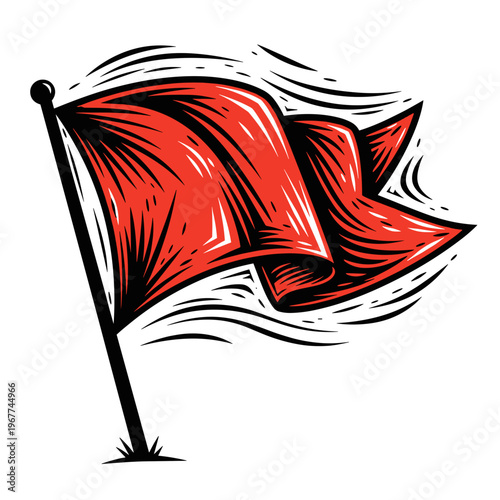 Vector Pinocut Red Flag Waving: Symbol of Warning, Danger and Attention
