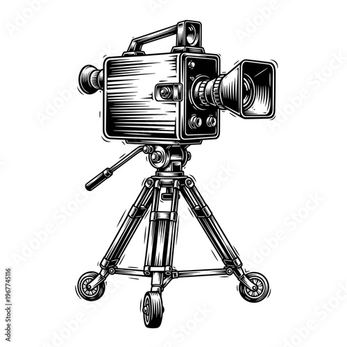 Vector Pinocut Vintage movie camera on a tripod.