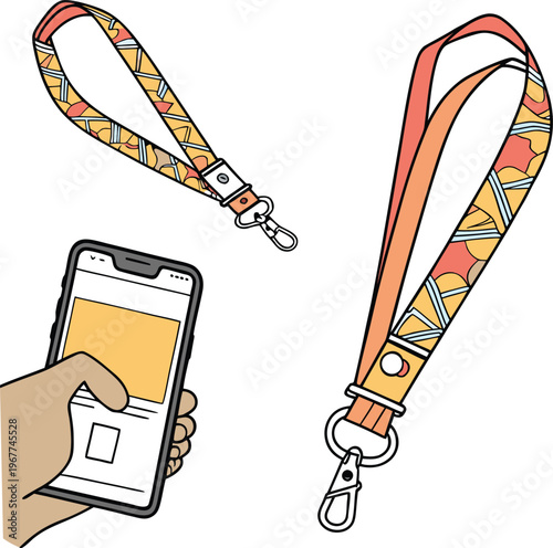 Colorful Geometric Pattern Lanyard with Smartphone Vector Illustration