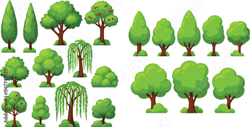 Various Green Trees and Shrubs in Cartoon Style for Nature, Landscaping, and Environmental Illustrations