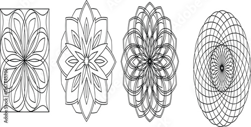 Abstract geometric mandala line art vector collection with floral symmetry spirograph patterns ornamental shapes minimal outline decorative design set