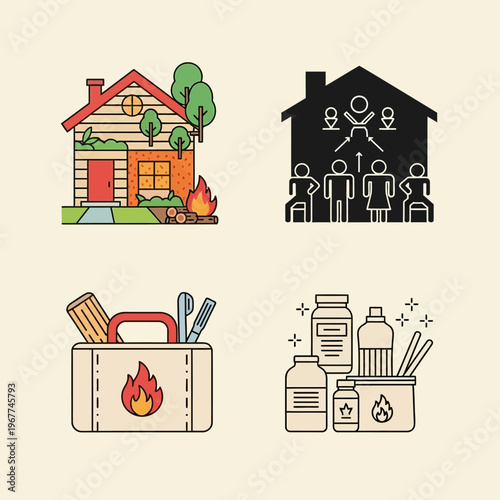 Vector illustrations of house on fire people icons and firefighting tools and chemicals for emergency response and safety measures