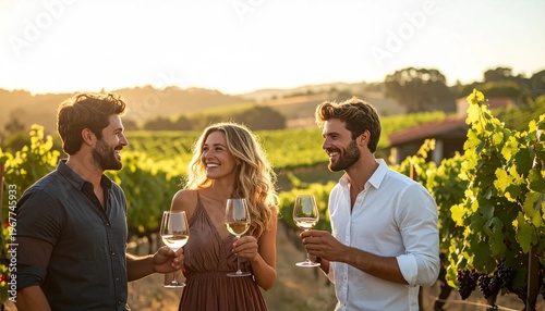 Friends enjoying a wine tasting experience at a beautiful vineyard during sunset.