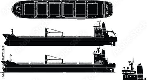 Cargo ship technical blueprint silhouettes, top and side view bulk carrier vessel illustration, maritime transport design, shipping industry engineering drawing isolated